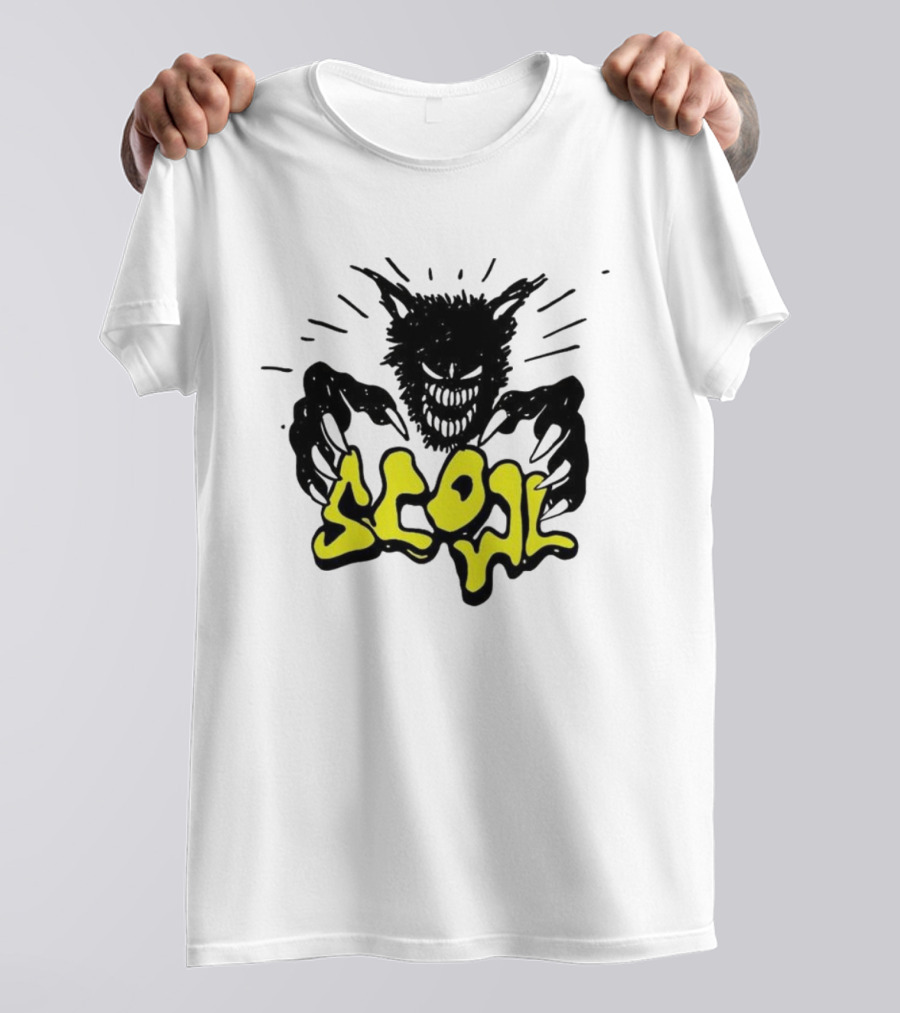 Scowl Scary Cat Yellow Text With Creepy Feline Illustration T-Shirt