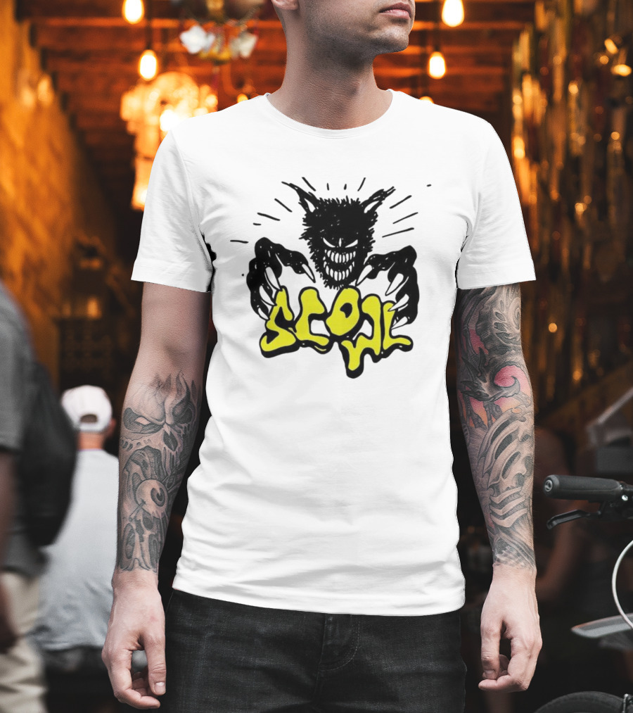 Scowl Scary Cat Yellow Text With Creepy Feline Illustration T-Shirt