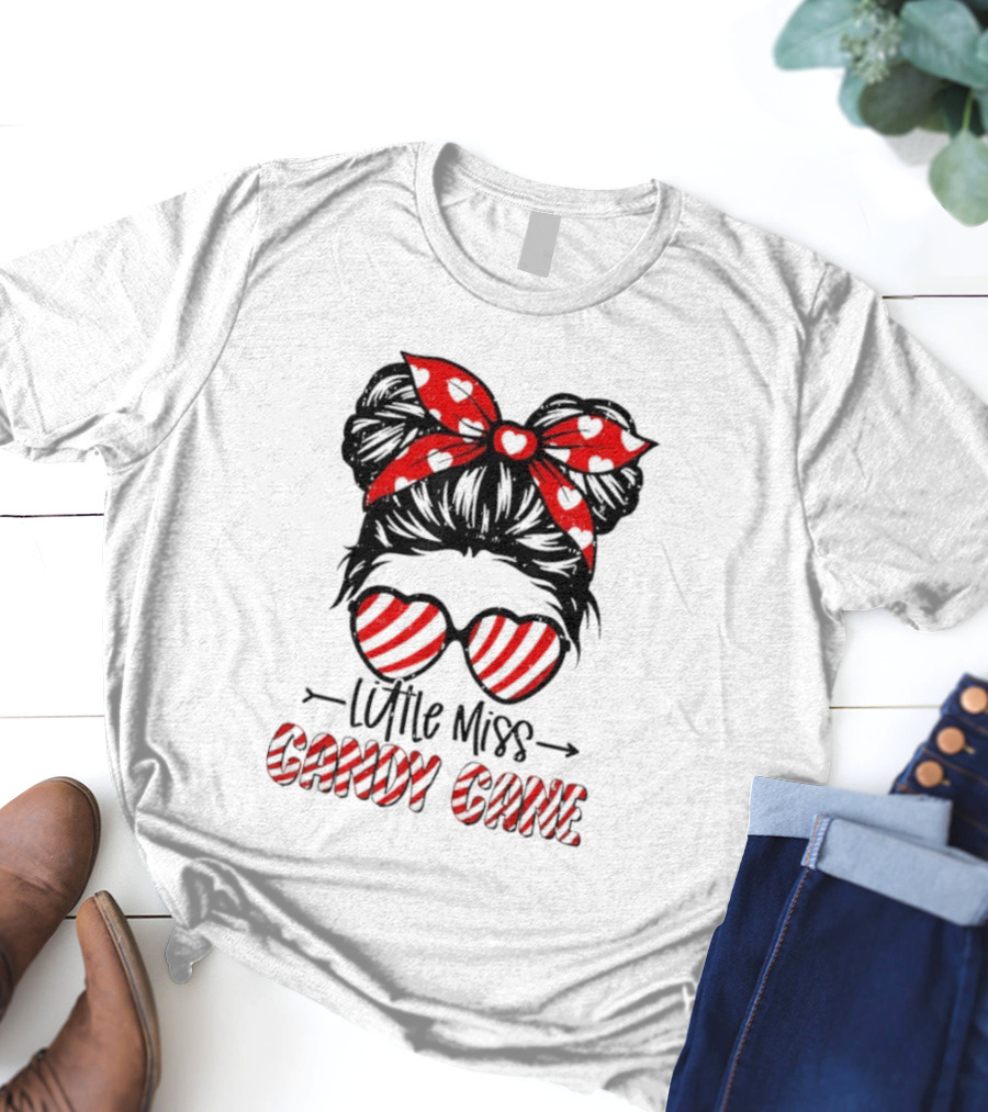 Little Miss Candy Cane Messy Bun Christmas Holiday T-Shirt