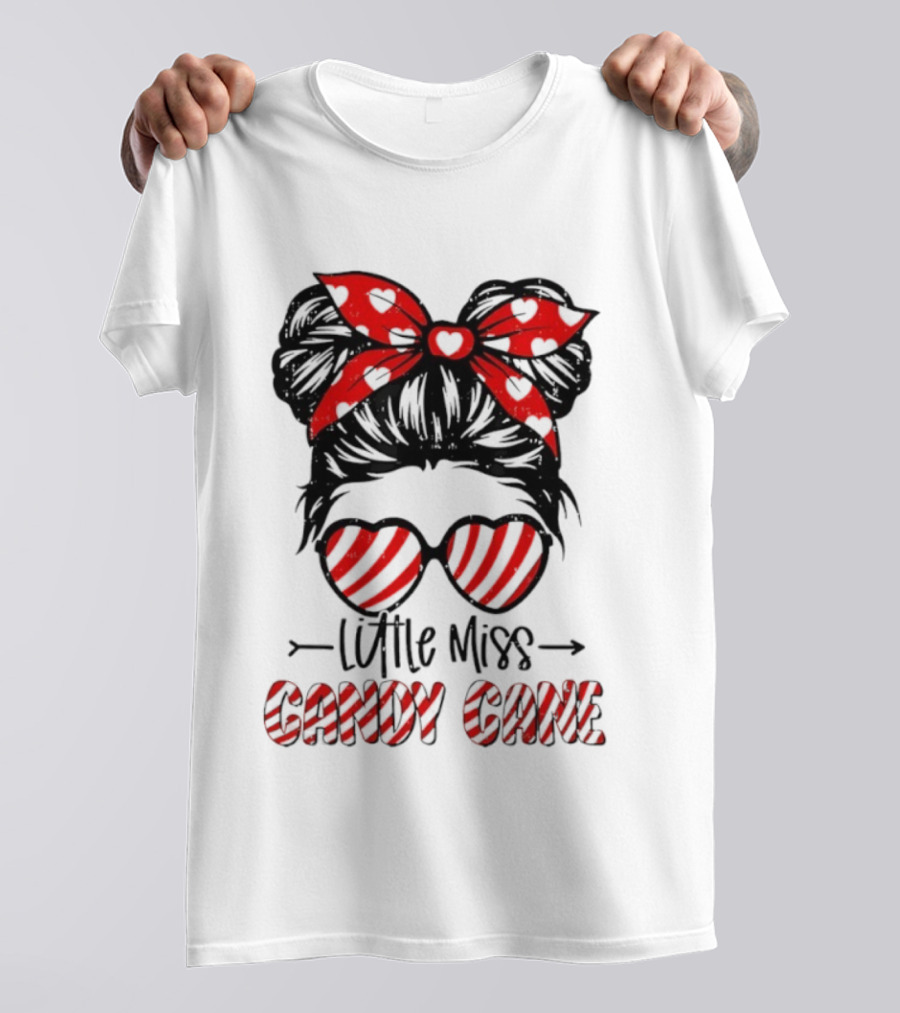 Little Miss Candy Cane Messy Bun Christmas Holiday T-Shirt