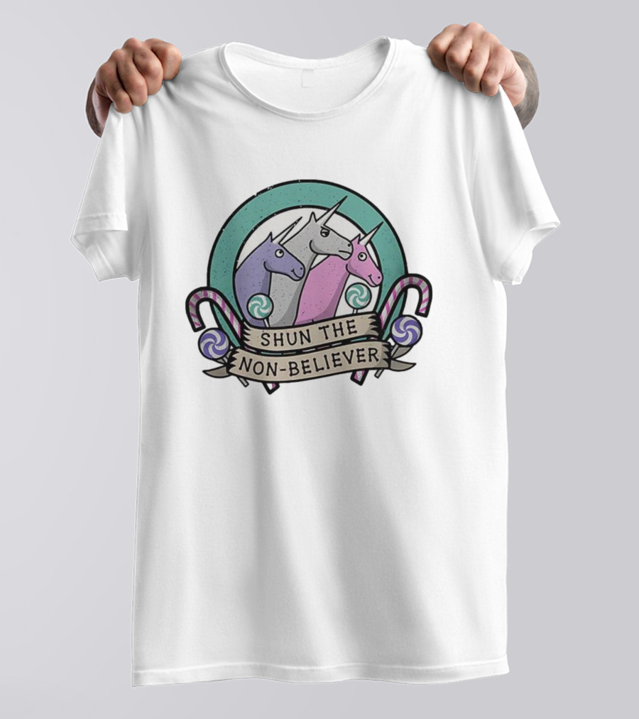 Charlie The Unicorn Shun The Non-Believer Candy Cane Cartoon Trio T-Shirt