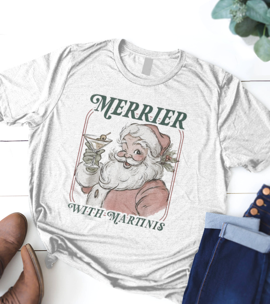 Merrier With Martinis Santa Christmas Cocktail T-Shirt