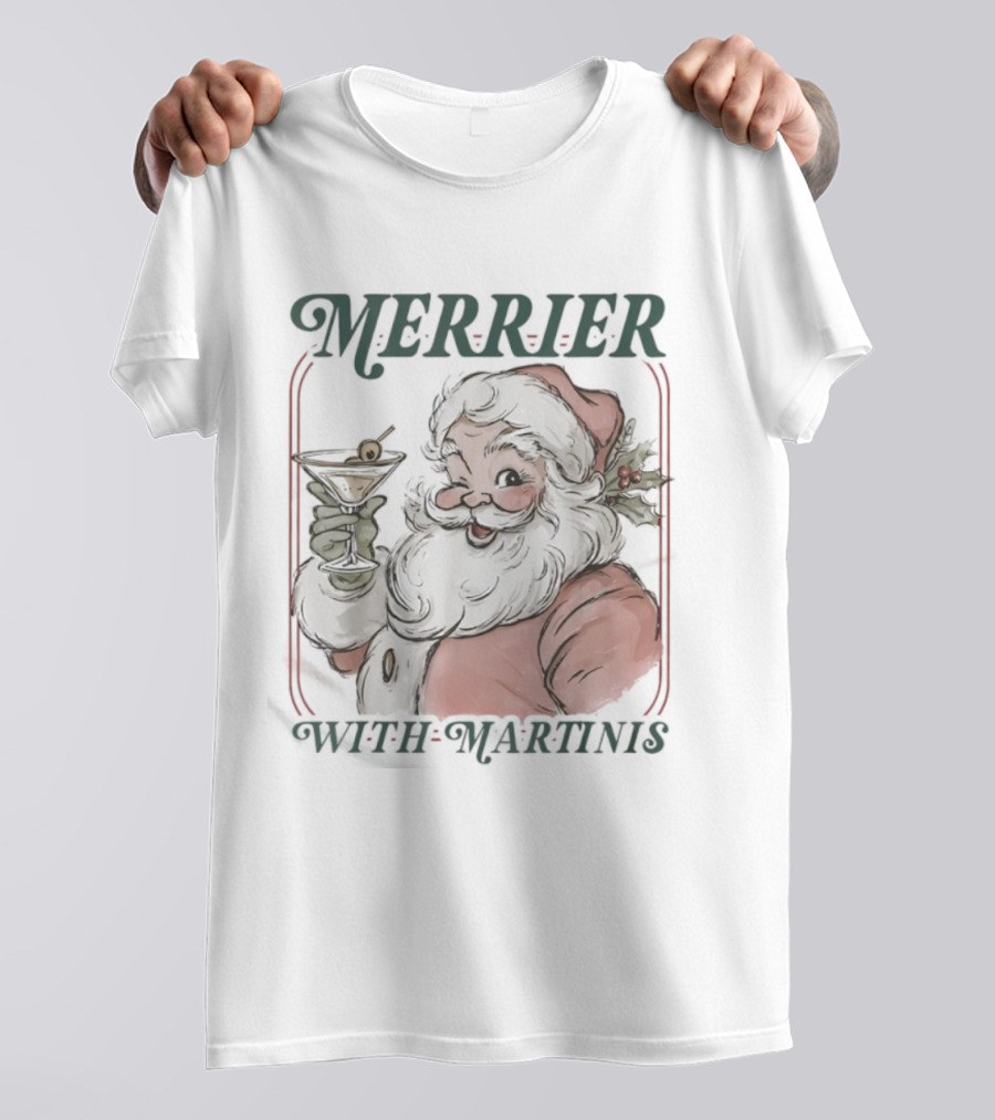Merrier With Martinis Santa Christmas Cocktail T-Shirt