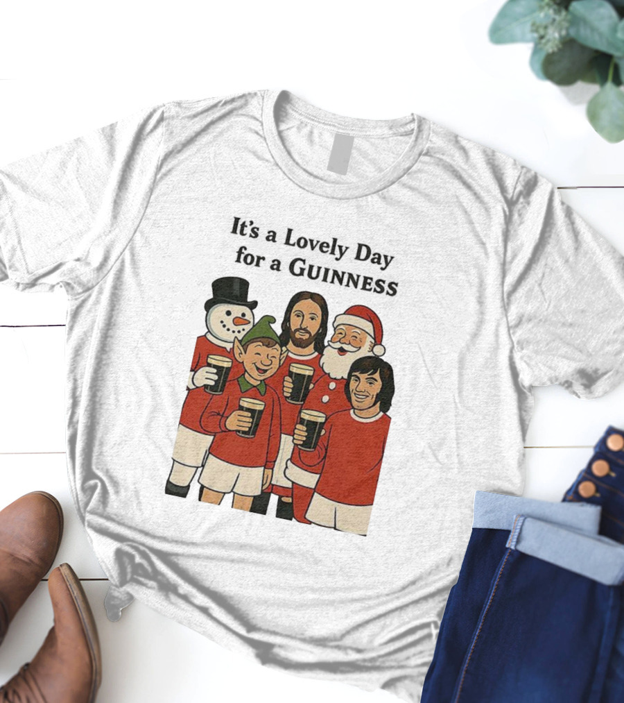 It's A Lovely Day For A Guinness Manchester United Christmas With Festive Characters T-Shirt