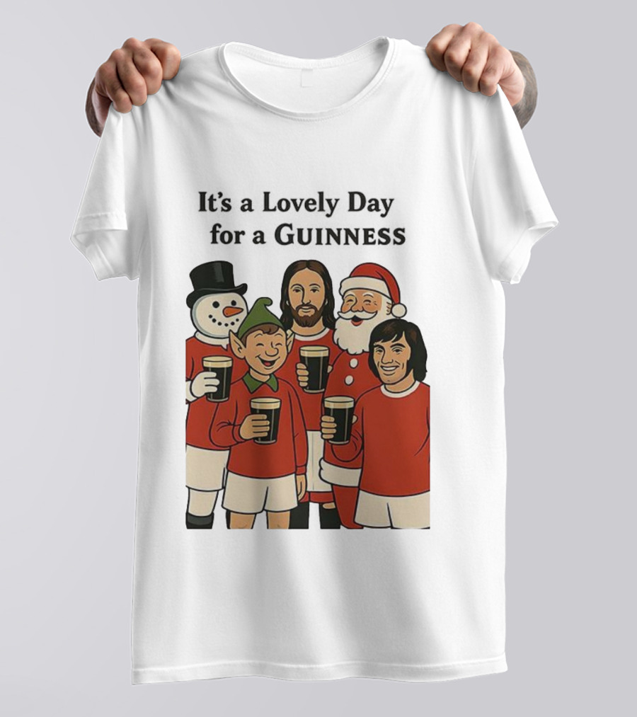 It's A Lovely Day For A Guinness Manchester United Christmas With Festive Characters T-Shirt