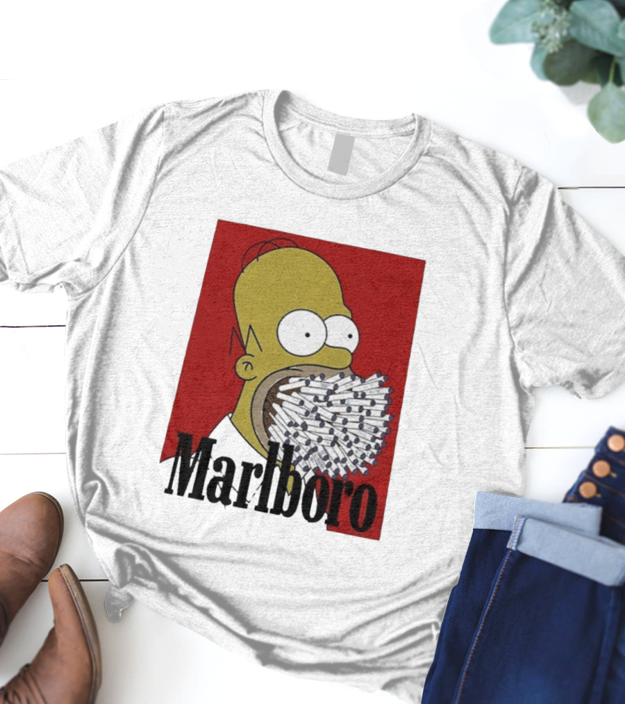 Homer Simpson Cigarette Mouth Marlboro Red Background T-Shirt