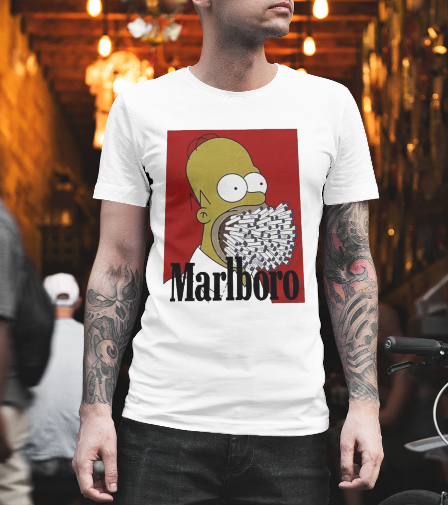 Homer Simpson Cigarette Mouth Marlboro Red Background T-Shirt