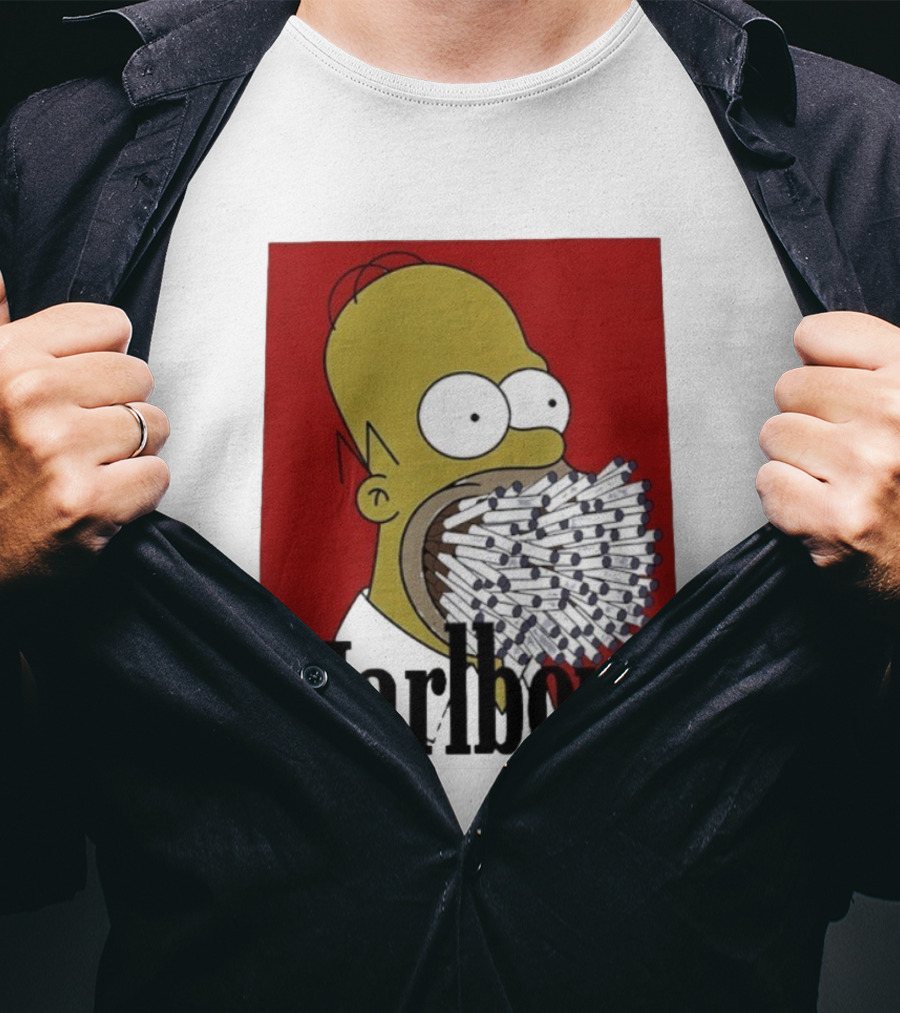 Homer Simpson Cigarette Mouth Marlboro Red Background T-Shirt