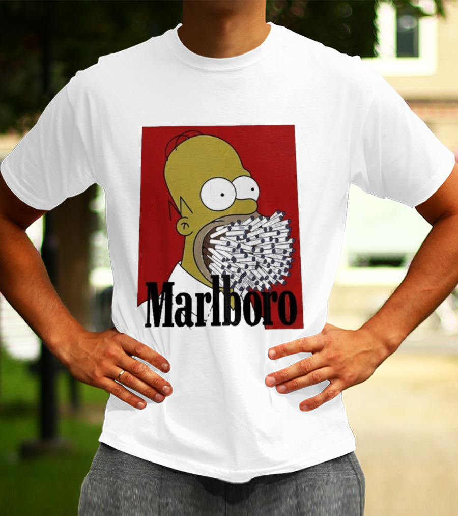 Homer Simpson Cigarette Mouth Marlboro Red Background T-Shirt