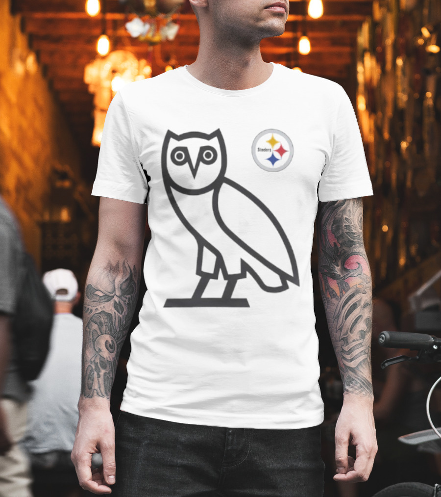 Pittsburgh Steelers OVO NFL Collaboration Owl And Team Symbols T-Shirt