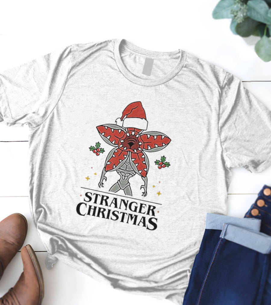 Stranger Christmas Demogorgon Santa Hat Mistletoe Branches Stranger Things T-Shirt