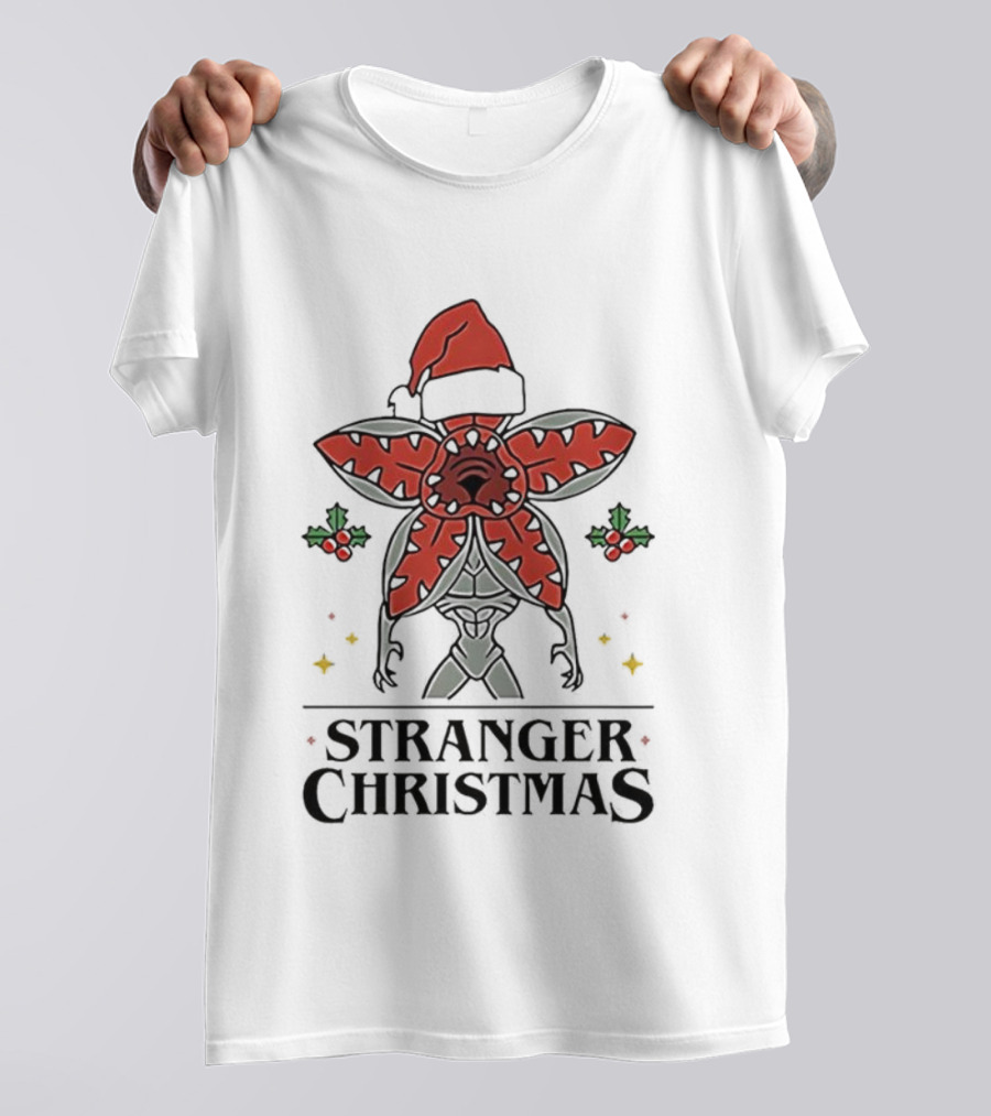 Stranger Christmas Demogorgon Santa Hat Mistletoe Branches Stranger Things T-Shirt