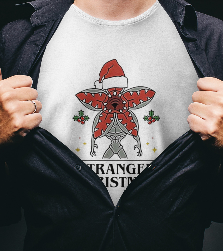 Stranger Christmas Demogorgon Santa Hat Mistletoe Branches Stranger Things T-Shirt