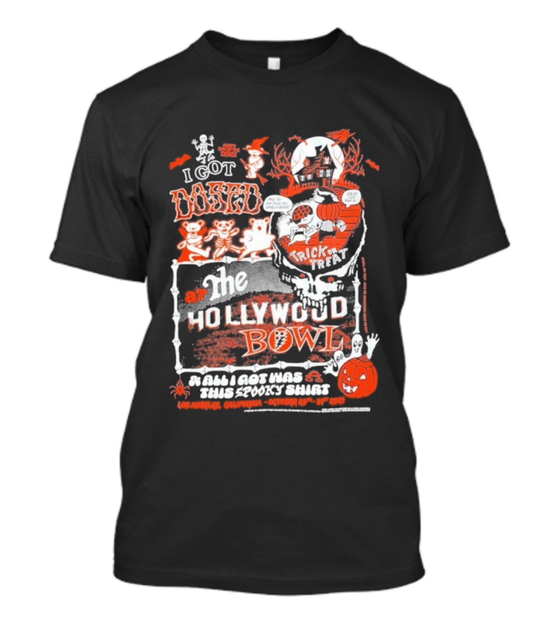 Hollywood Bowl Halloween Trick Or Treat I Got Booed Spooky Skeletons Pumpkin Fun T-Shirt