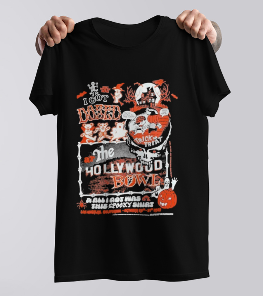 Hollywood Bowl Halloween Trick Or Treat I Got Booed Spooky Skeletons Pumpkin Fun T-Shirt