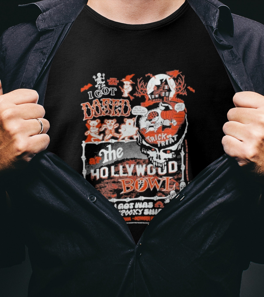 Hollywood Bowl Halloween Trick Or Treat I Got Booed Spooky Skeletons Pumpkin Fun T-Shirt