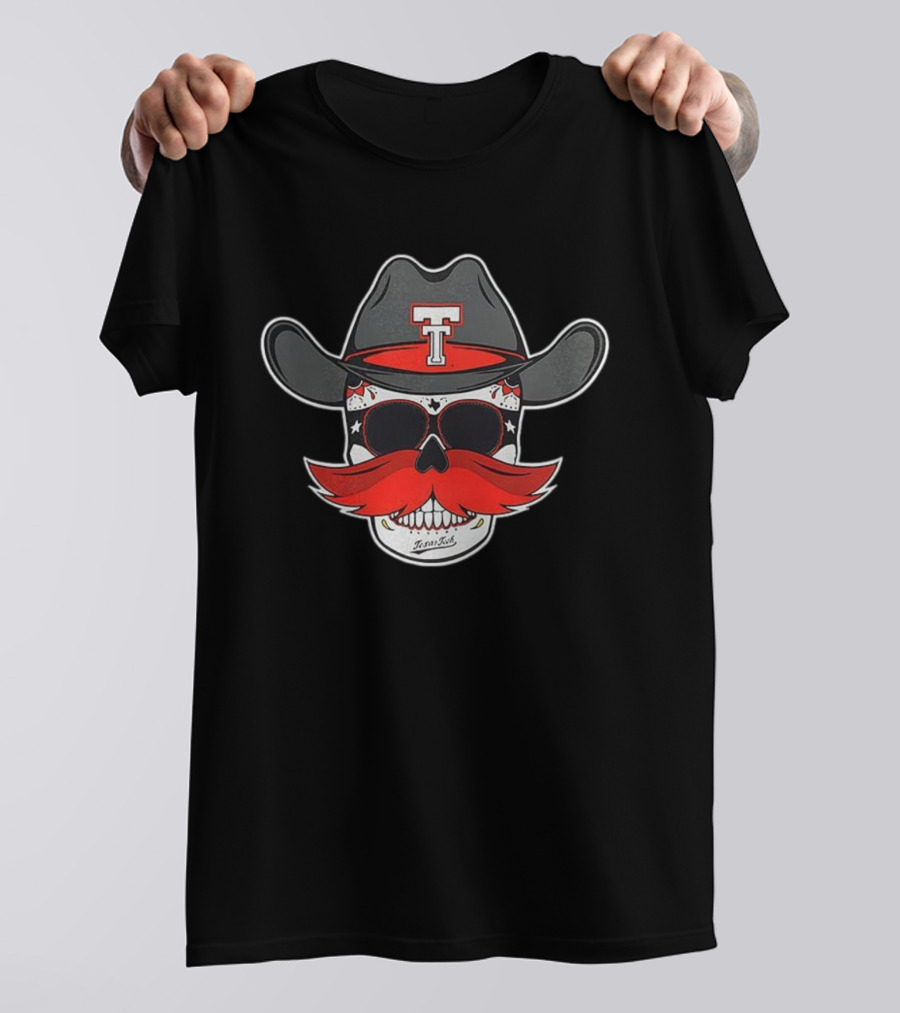 Texas Tech Red Raiders Skull Cowboy Hat And Mustache T-Shirt