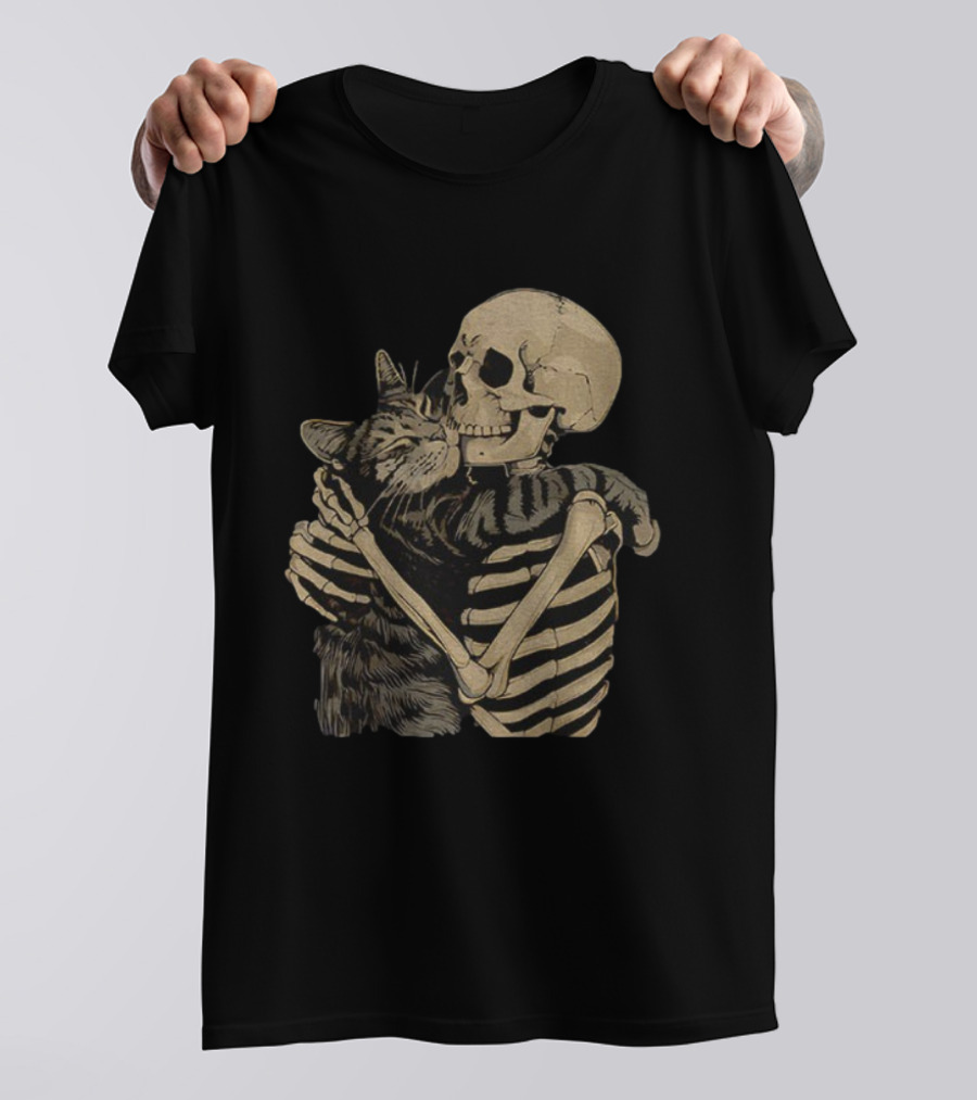 Skeleton Hugging Cat Gothic Skeleton Cat Hug T-Shirt