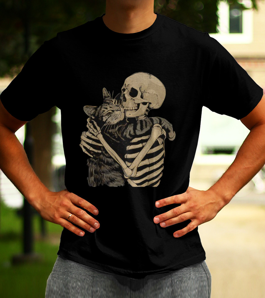 Skeleton Hugging Cat Gothic Skeleton Cat Hug T-Shirt