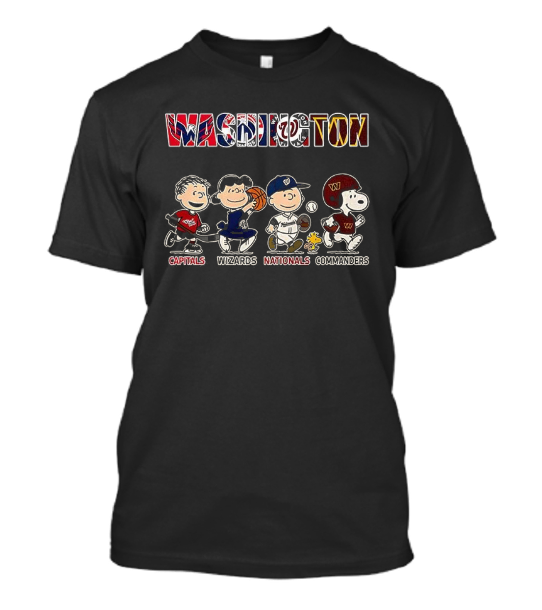 Peanuts Characters With Washington Capitals Wizards Nationals Commanders Logos T-Shirt