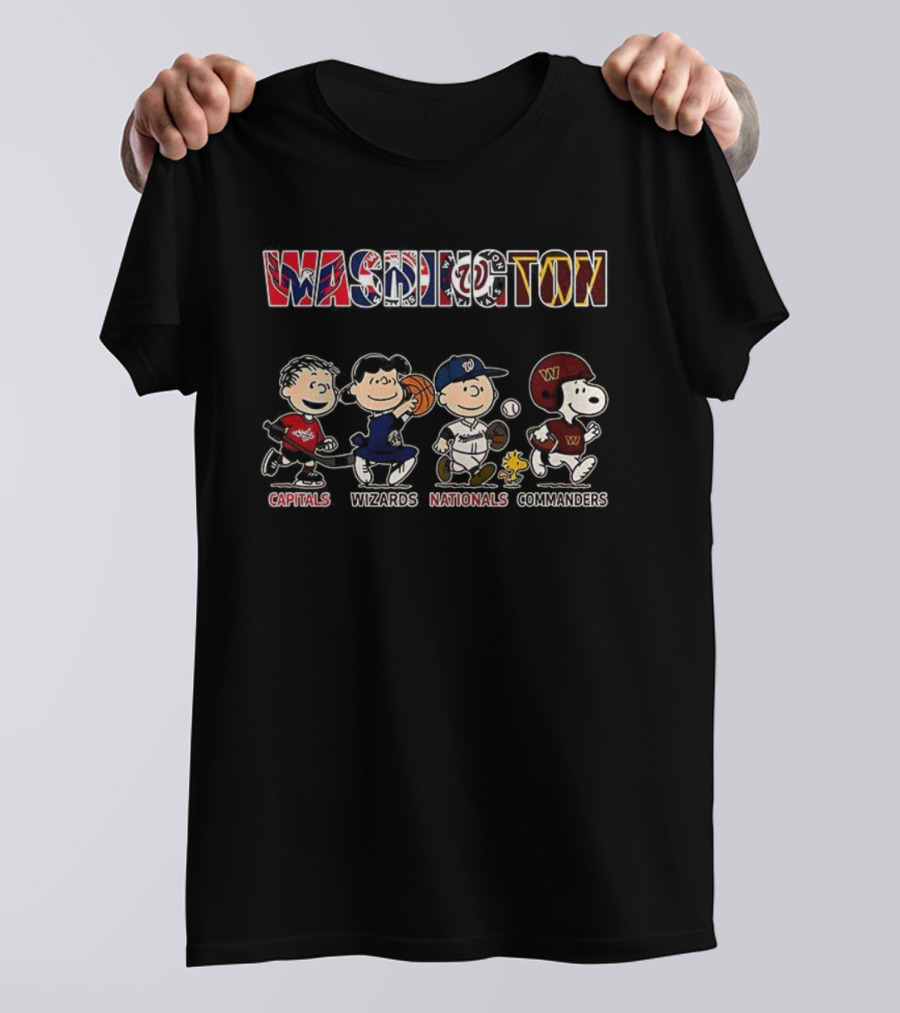 Peanuts Characters With Washington Capitals Wizards Nationals Commanders Logos T-Shirt