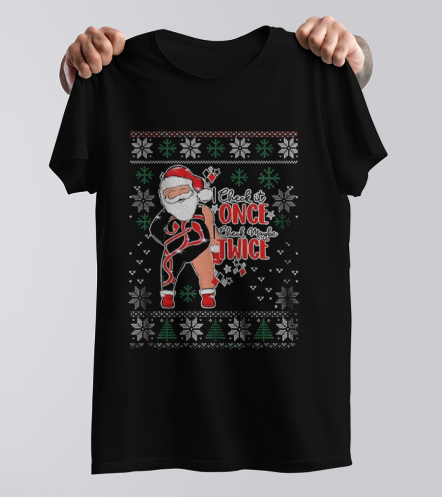 Santa Merry Christmas I Check It Once Twice Snowflakes Trees T-Shirt