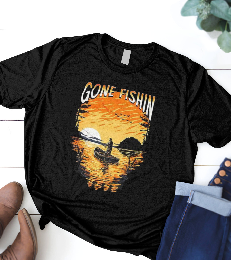 Gone Fishin Sunset Lake Boat Silhouette T-Shirt