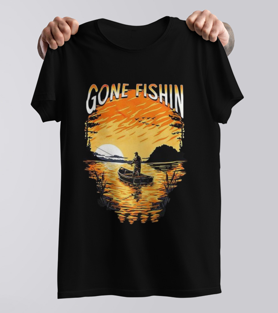 Gone Fishin Sunset Lake Boat Silhouette T-Shirt