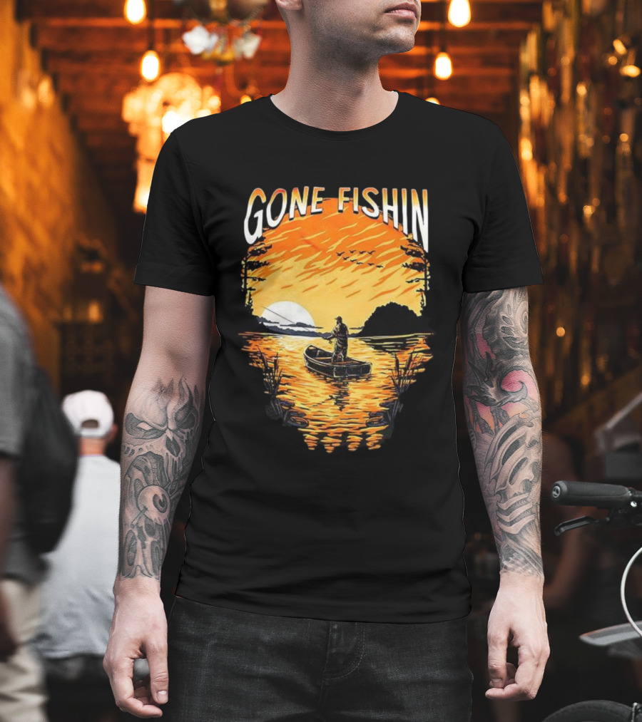 Gone Fishin Sunset Lake Boat Silhouette T-Shirt
