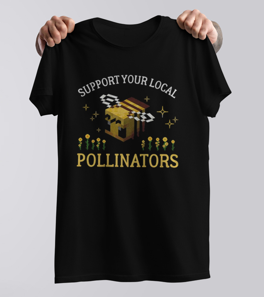 Support Your Local Pollinators Gamer Bee Pixel Art Flowers T-Shirt