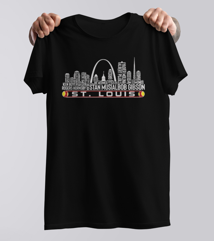 St. Louis Cardinals Baseball City Skyline Stan Musial Bob Gibson Team Legends T-Shirt