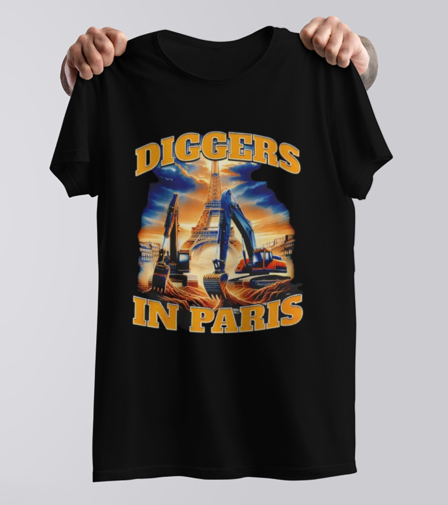 Diggers In Paris Eiffel Tower Excavators Scene T-Shirt