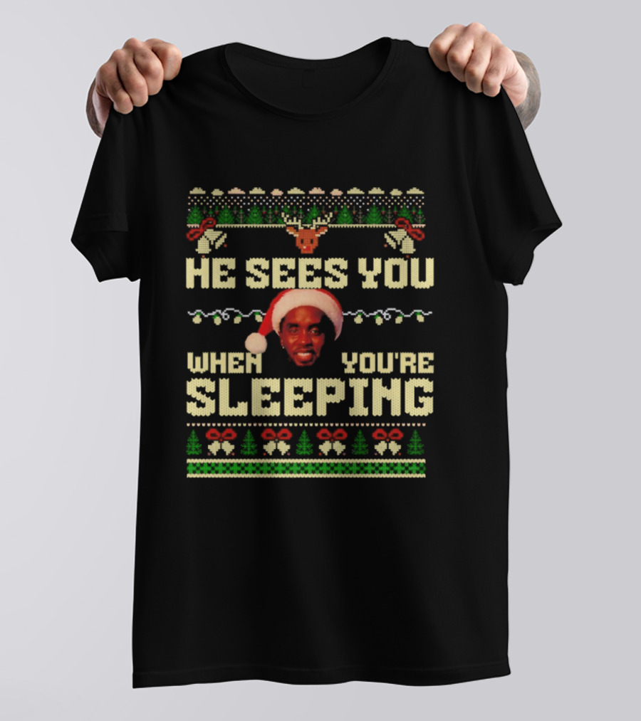 He Sees You When You’re Sleeping Christmas Lights Santa Hat Retro Style T-Shirt