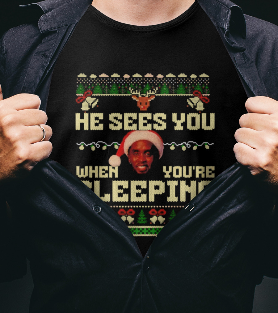 He Sees You When You’re Sleeping Christmas Lights Santa Hat Retro Style T-Shirt