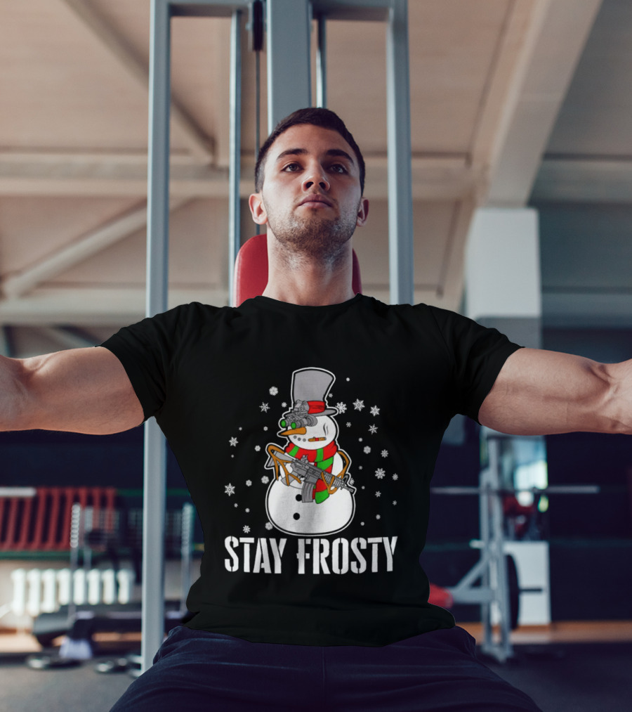 Stay Frosty Snowman Christmas Humor Gun Snowflakes T-Shirt