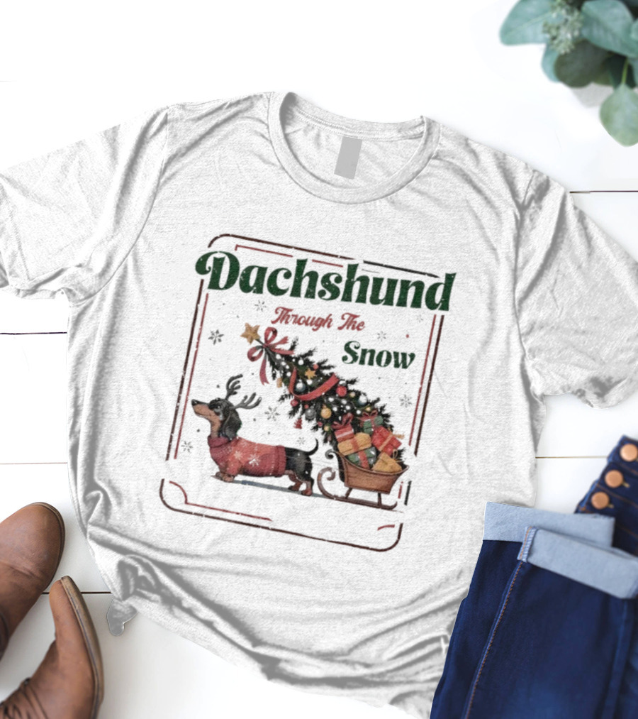 Dachshund Through The Snow Xmas Holiday Sled Presents T-Shirt