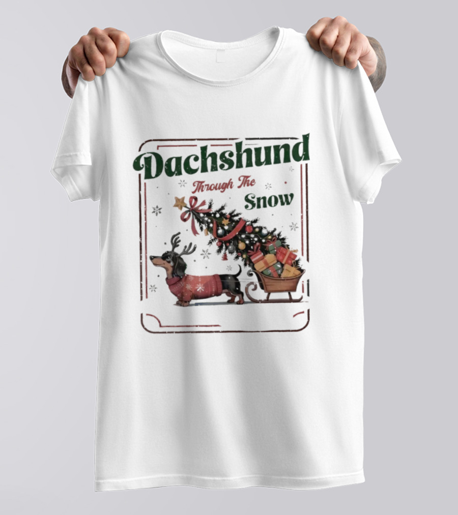 Dachshund Through The Snow Xmas Holiday Sled Presents T-Shirt
