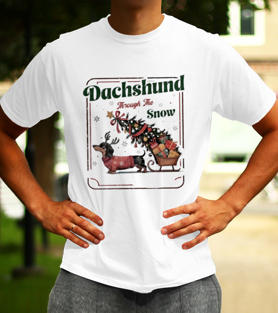 Dachshund Through The Snow Xmas Holiday Sled Presents T-Shirt