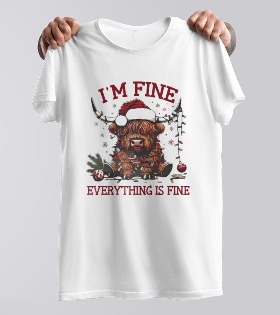 I'm Fine Everything Is Fine Christmas Lights Cow Holiday T-Shirt