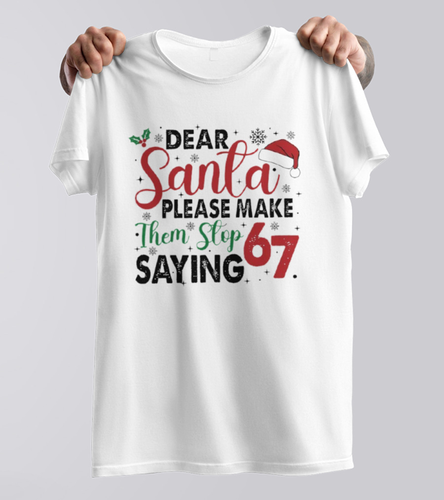 Dear Santa Please Make Them Stop Saying 67 Christmas Santa Hat Holly T-Shirt