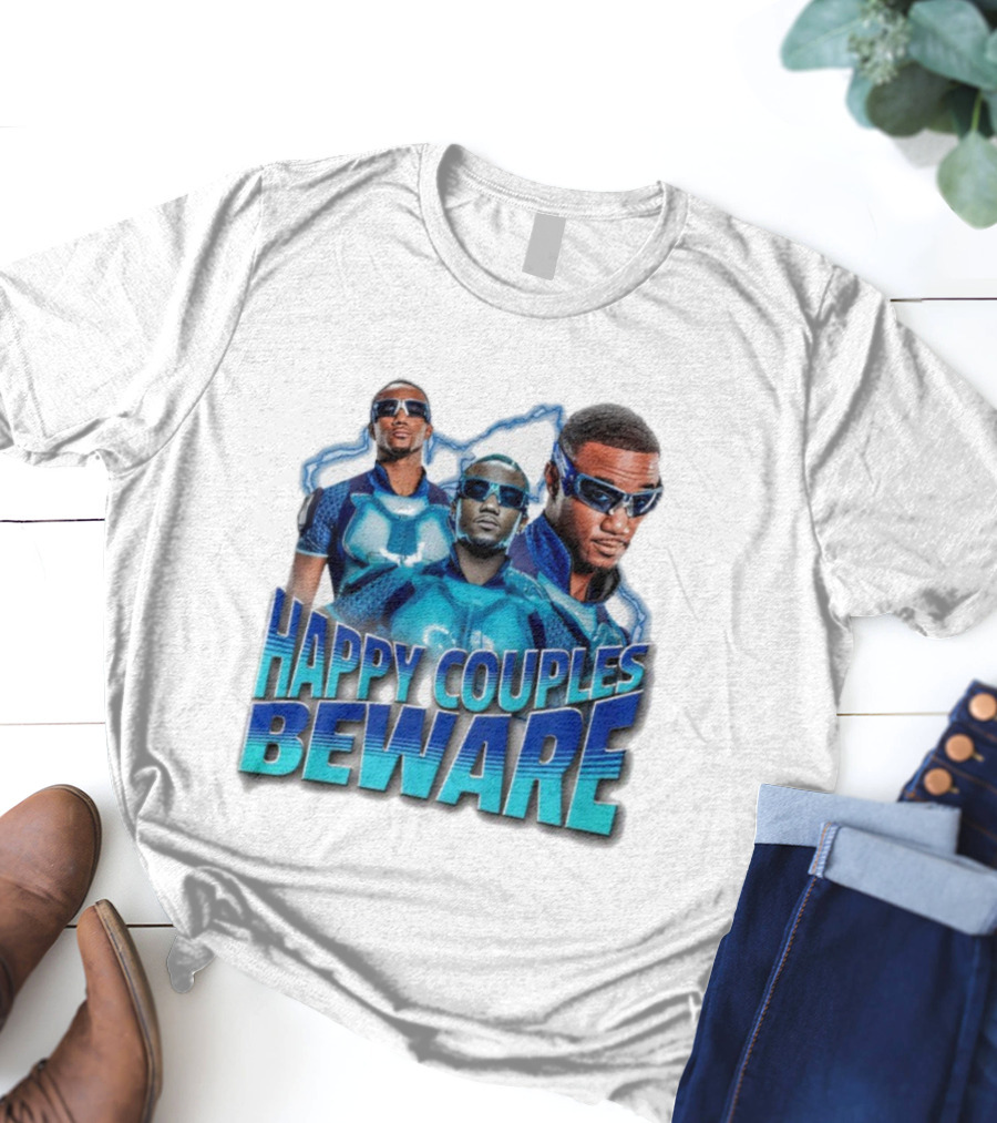 Happy Couples Beware Blue Outfits And Sunglasses Trio T-Shirt