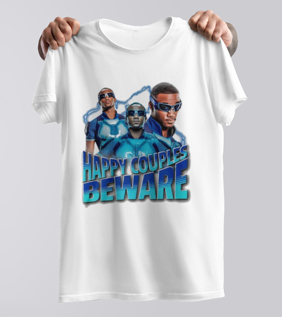 Happy Couples Beware Blue Outfits And Sunglasses Trio T-Shirt
