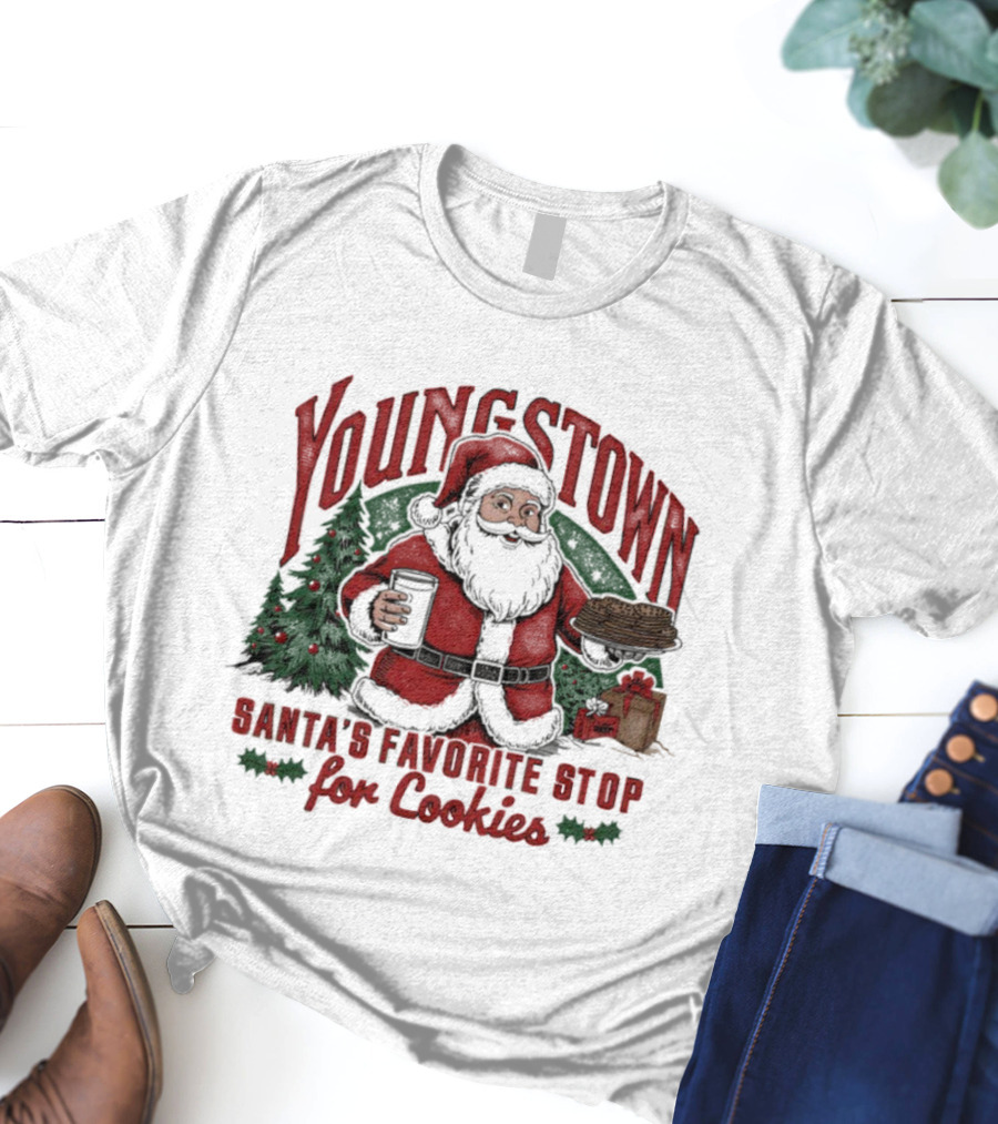 Youngstown Santa's Favorite Stop For Cookies Christmas Tree And Gifts T-Shirt