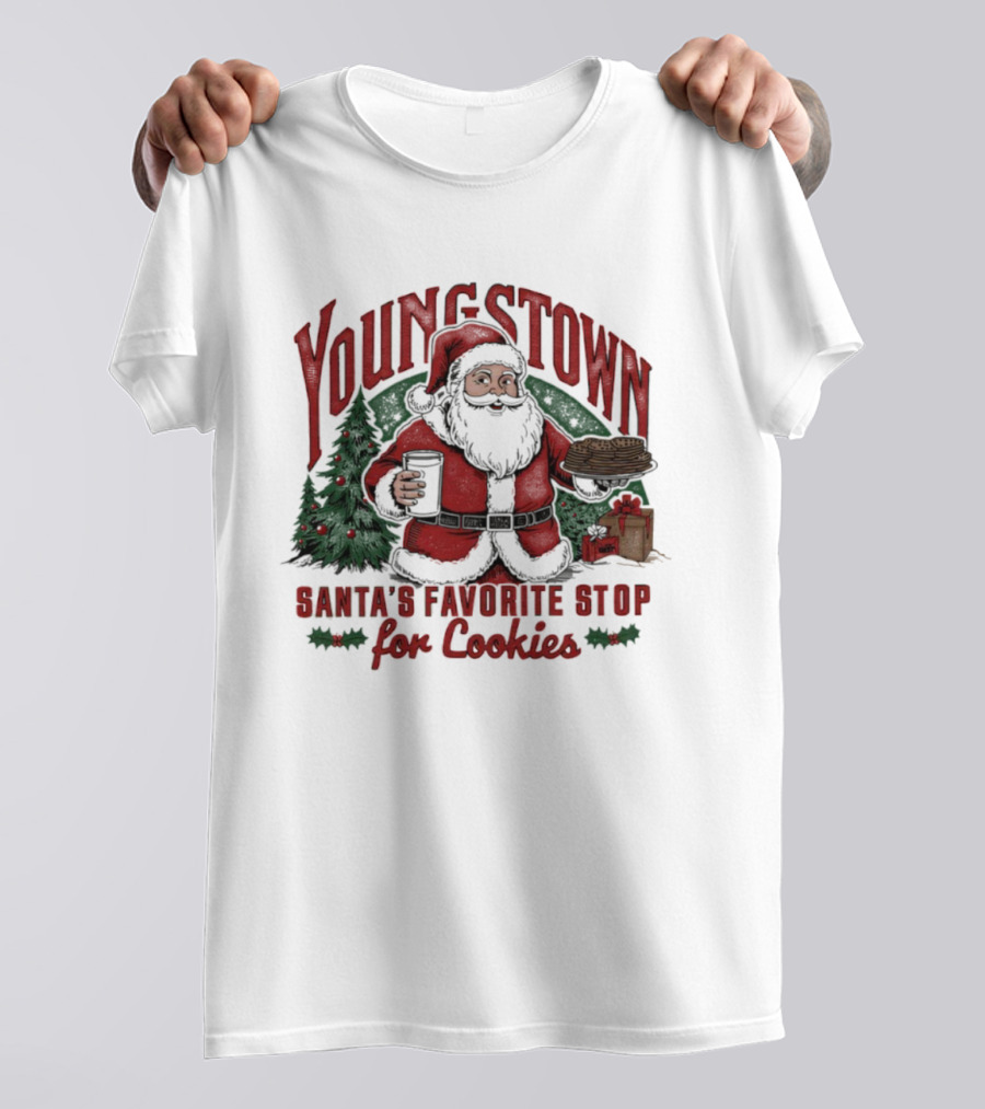 Youngstown Santa's Favorite Stop For Cookies Christmas Tree And Gifts T-Shirt