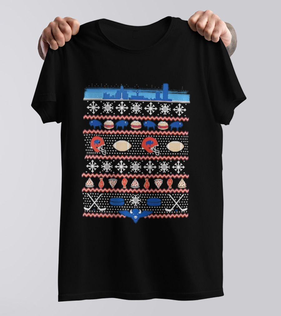 Buffalo Skyline Christmas Helmet Snowflakes Pizza Wings Burgers Football Pattern T-Shirt