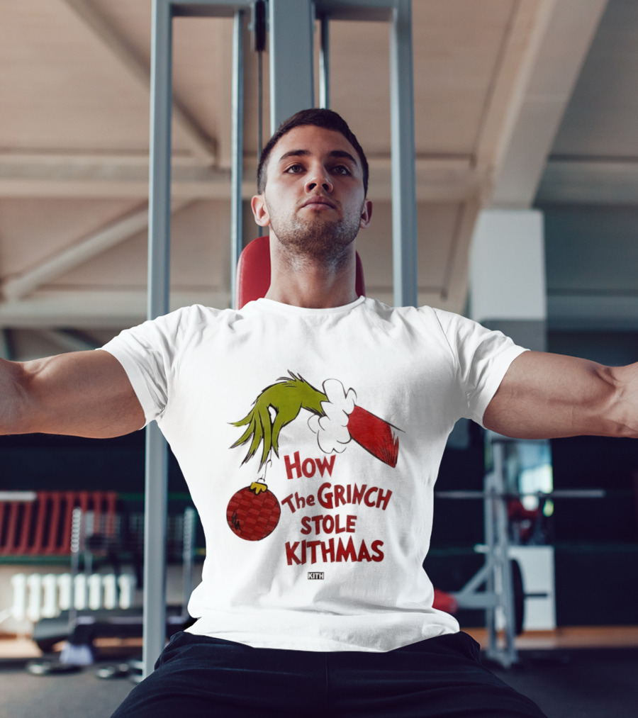 How The Grinch Stole Kithmas Green Figure Red Santa Hat Red Ornament T-Shirt