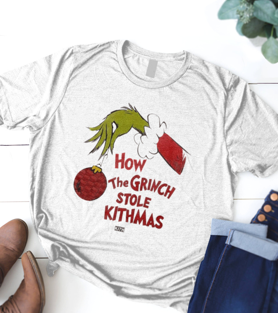 How The Grinch Stole Kithmas Green Figure Red Santa Hat Red Ornament T-Shirt