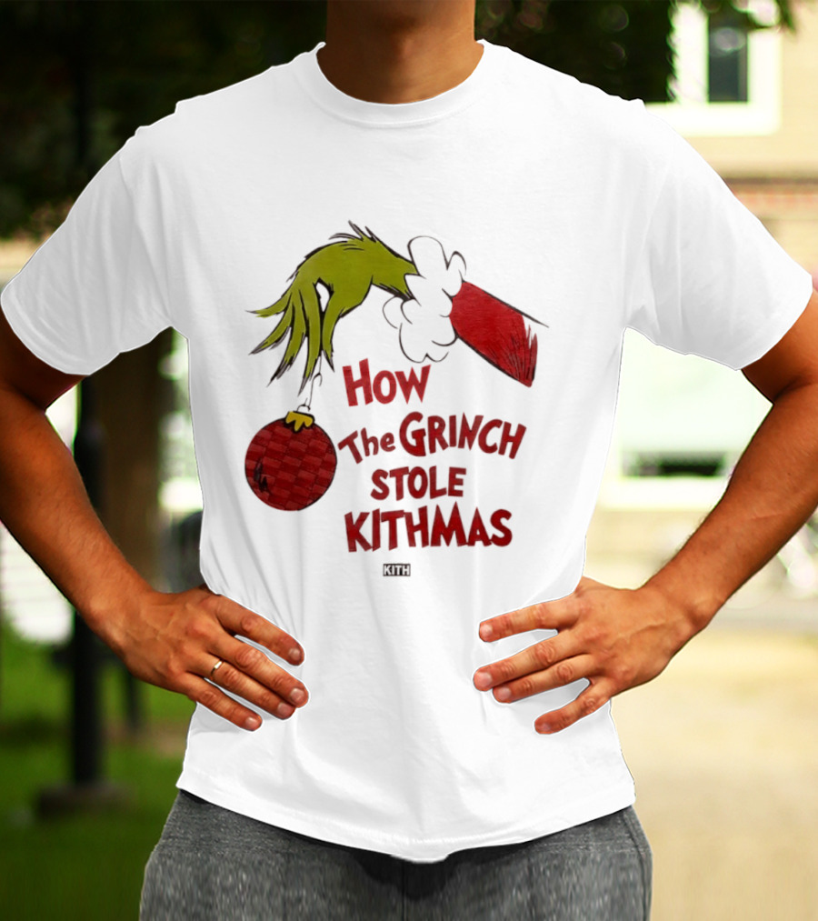 How The Grinch Stole Kithmas Green Figure Red Santa Hat Red Ornament T-Shirt