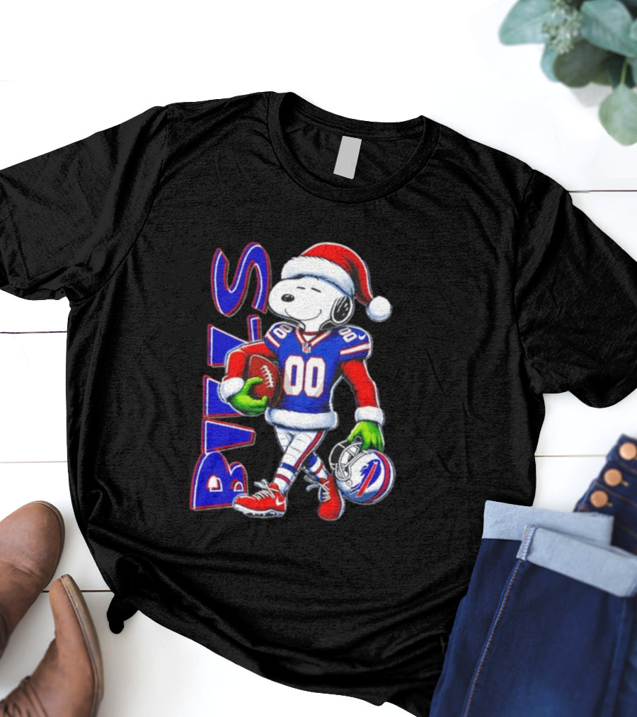 Buffalo Bills Snoopy Christmas NFL Football Player With Santa Hat And Grinch Hands T-Shirt