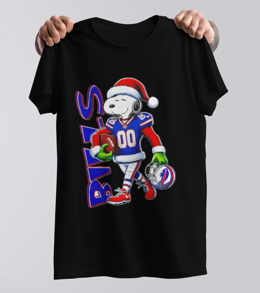 Buffalo Bills Snoopy Christmas NFL Football Player With Santa Hat And Grinch Hands T-Shirt